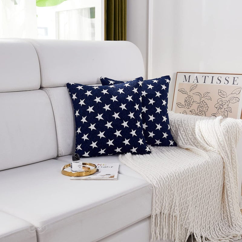 Sunday Praise Set of 2 Soft Chenille Decorative Patriotic Throw Pillow Cover Case Geometric Stars July 4th Accent Square Cushion Cover Case Sham for Couch Sofa Bed Car 18 x 18 Inch 45x45 cm (Blue) - Image 2